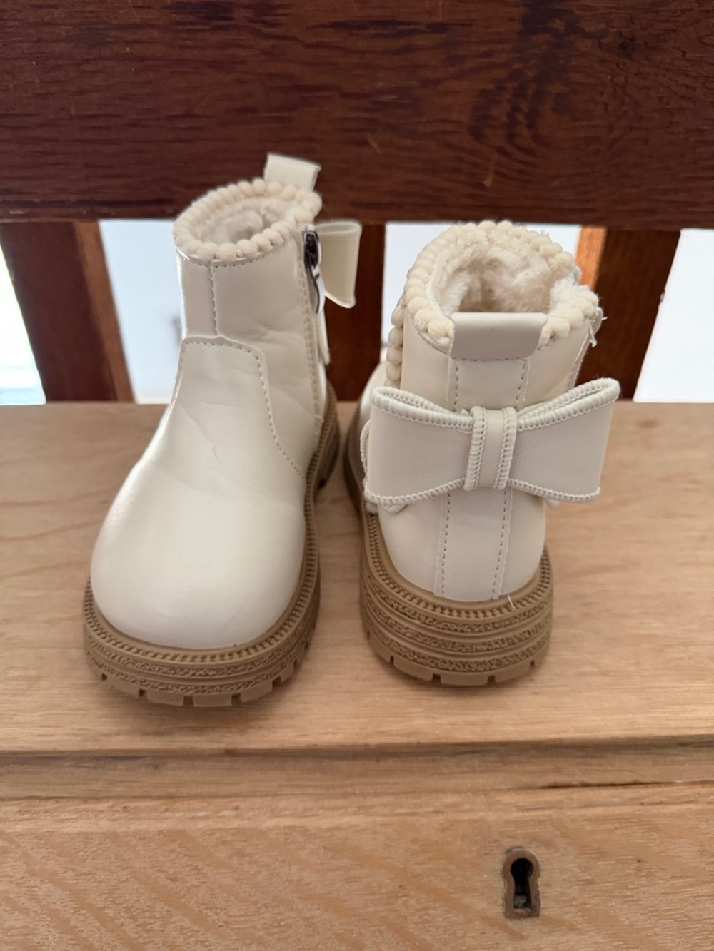 Cream Faux Fur Bow Ankle Boots
